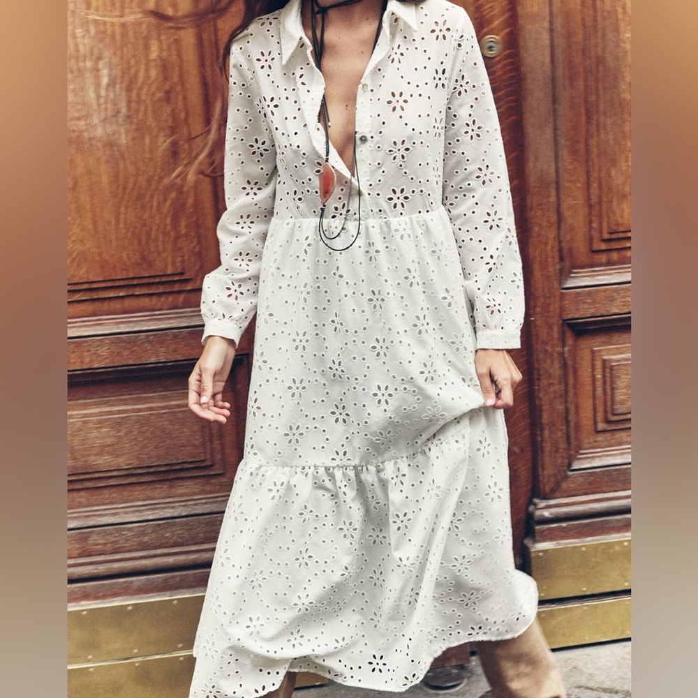 Zara Embroidery midi dress white embroidered
